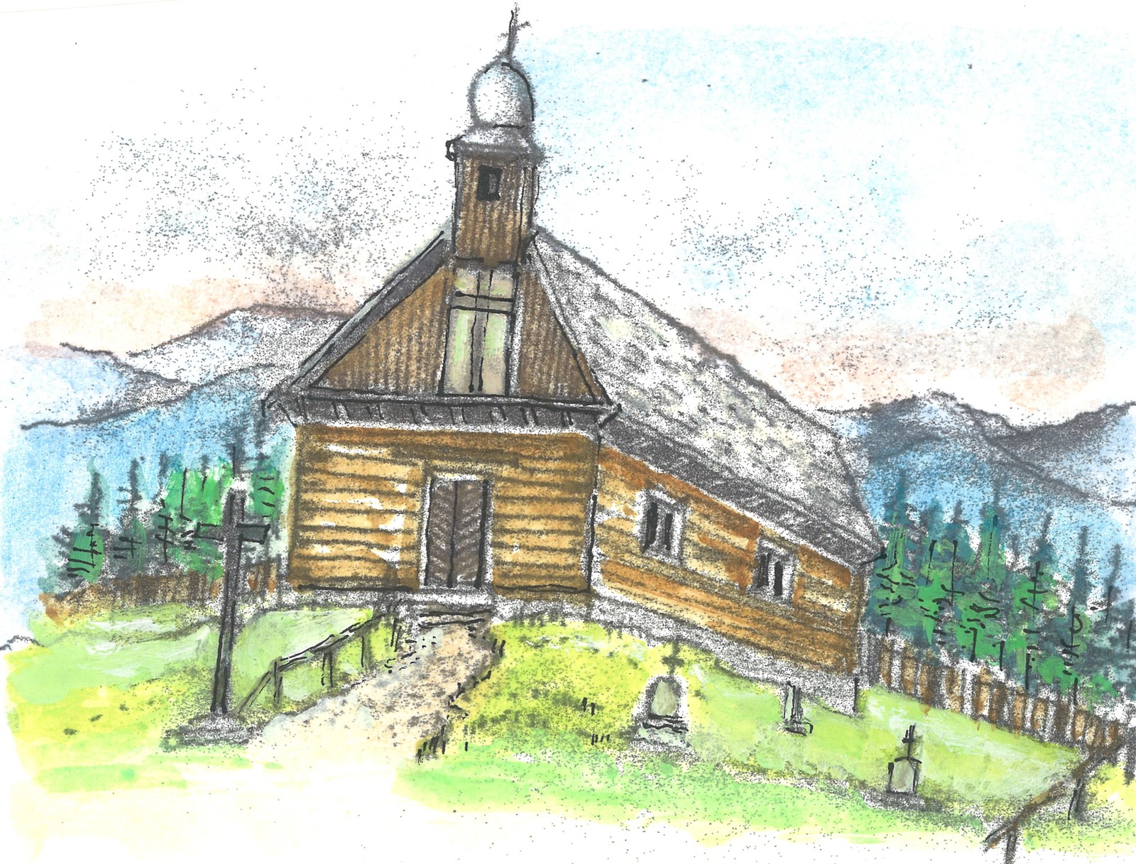 Ilustrace 3 - Pověst o kostele dreveny kostel pozdeji namalovany.jpg